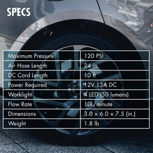 Tire inflator by Wagan, with detailed specifications presented in a white table over a car wheel, showing max pressure and dimensions.