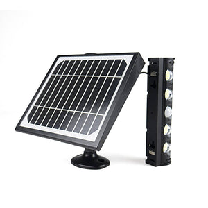 Black detachable solar wall light by Wagan with an angled solar panel and a vertical LED light bar.