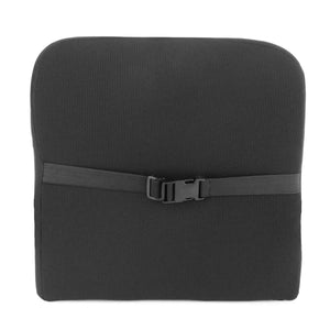 Black lumbar cushion by Wagan with textured fabric and an adjustable strap featuring a buckle.
