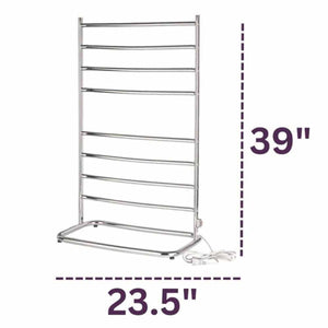 Hyde Park freestanding chrome towel warmer by WarmRails, featuring 10 bars and overlaid dimensions of 39 inches high and 23.5 inches wide.