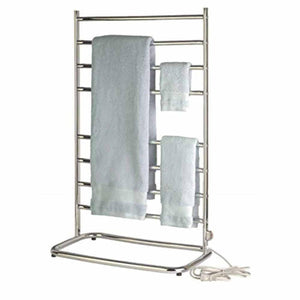 Freestanding chrome towel warmer by WarmRails, displaying multiple bars with light blue towels and an electrical cord.