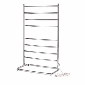 A freestanding chrome towel warmer by WarmRails, featuring ten horizontal bars and a visible electric cord.