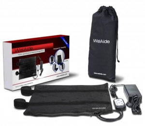 Black infrared heating wrap by WelAide with a drawstring bag, controller, power adapter, and product box on a white background.