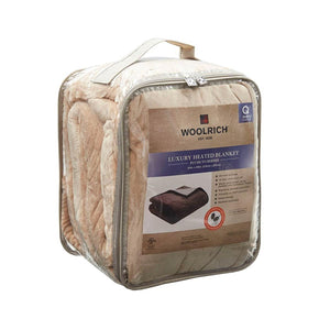 King size beige heated blanket by Woolrich, visibly soft and packaged in a clear zippered bag with a brown blanket illustrated on the label.