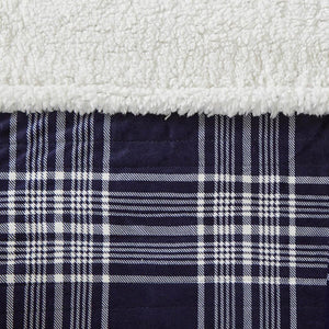 An oversized dark blue plaid faux mink and white berber heated throw by Woolrich.