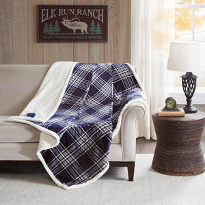 Oversized blue plaid print faux mink heated throw by Woolrich, reversible to soft white berber with a control unit.