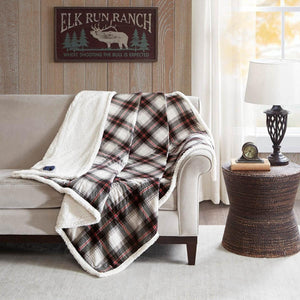Oversized black, white, and red plaid faux mink to berber heated throw by Woolrich, draped on a sofa.