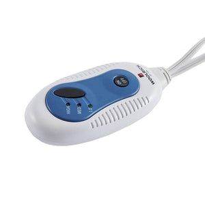 Heated throw by Woolrich with a white and blue plastic controller, showing high, medium, low, on, and off settings.