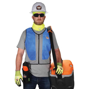 Blue and grey cooling vest by Chill-Its with a front zipper and reflective grey stripes, worn by a man in safety gear.